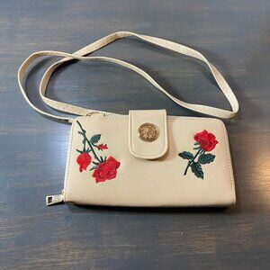 🌹 Rose Embroidered Crossbody Wallet – Cream – Detachable Strap